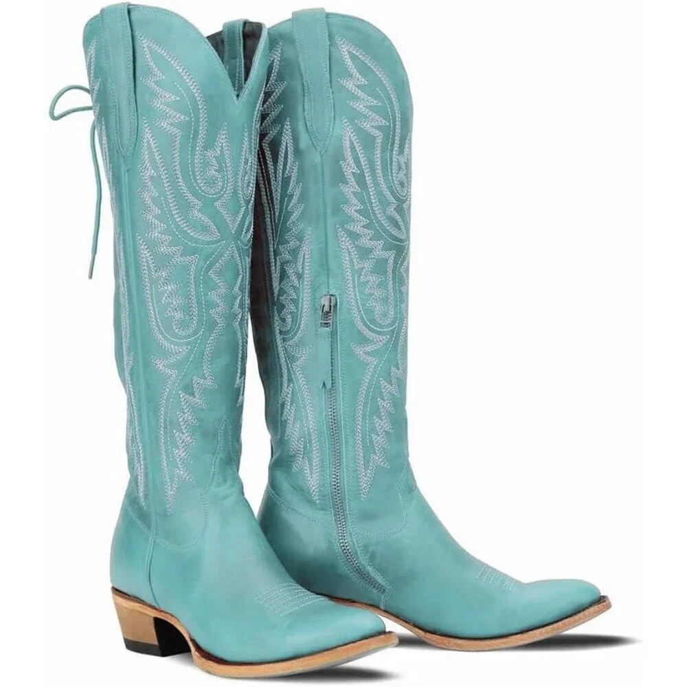 Women Turquoise Polyurethane Over the Knee Adjustable Thigh High Cowgirl Boot
